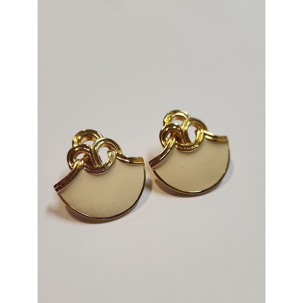 Avon Vintage Gold-Tone Cream Enamel Fan Drop Earrings